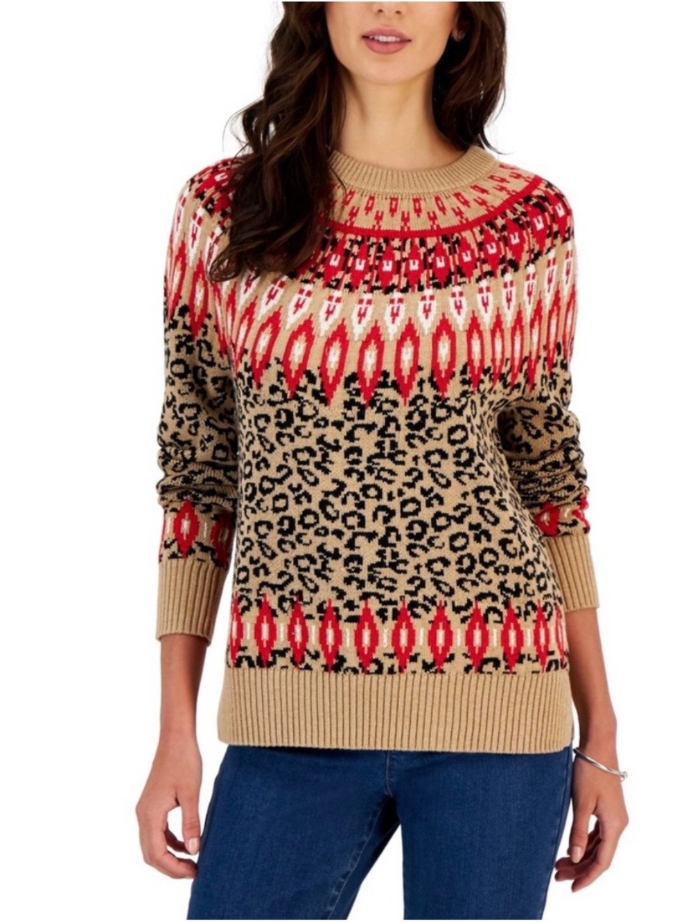 NWOT Charter Club Petite Fair Isle Leopard Print Holiday Crewneck Sweater PS